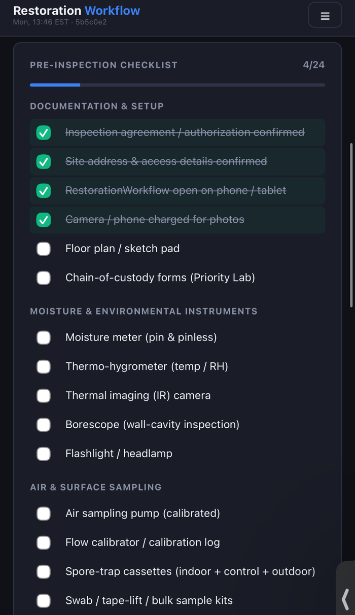 Pre-inspection checklist on mobile — documentation, instruments, and sampling supplies