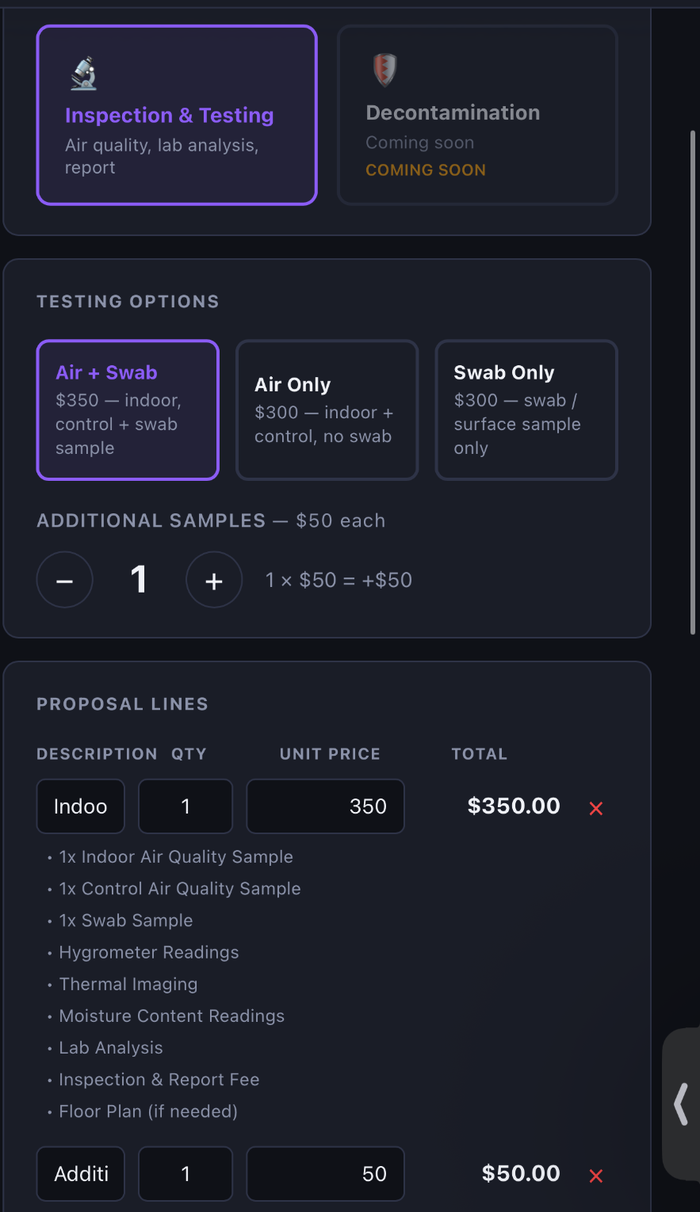 Proposal builder — testing options, additional samples, and line items priced live