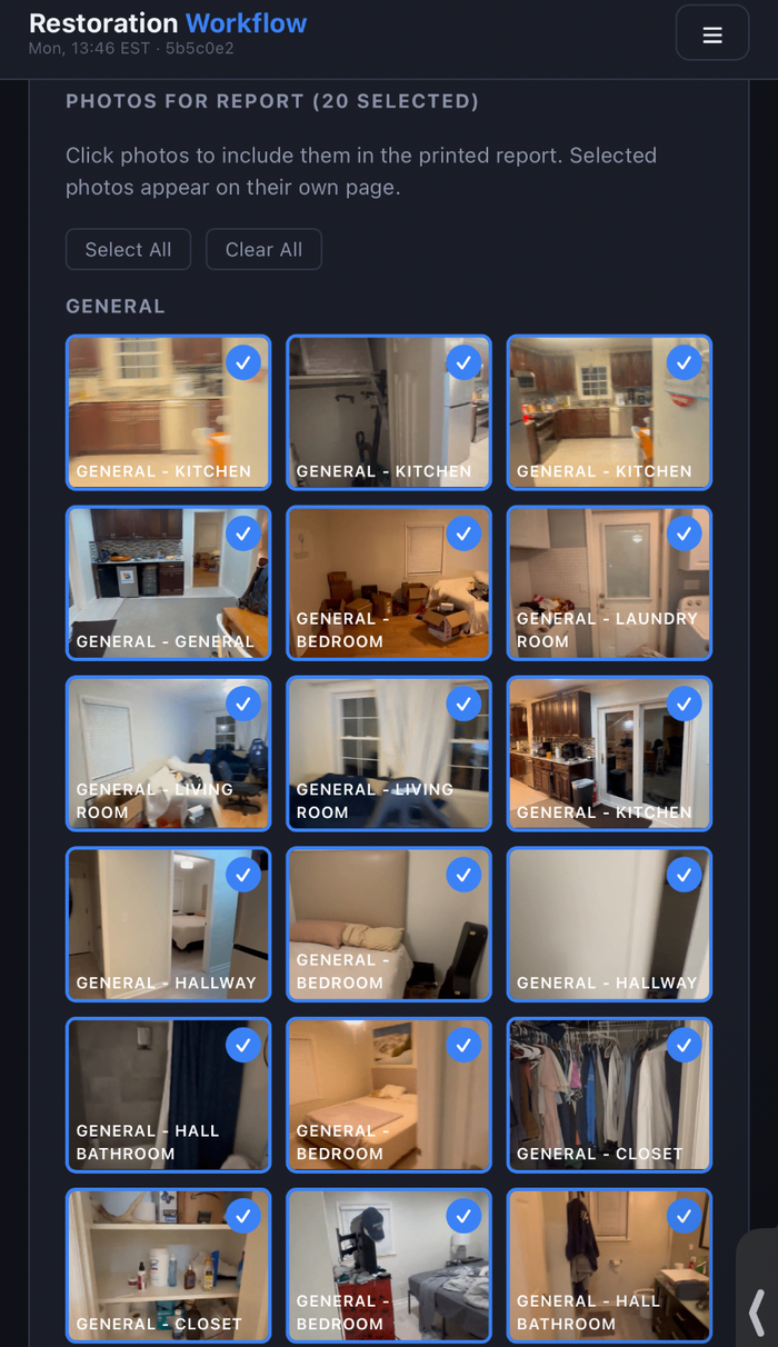 Photos auto-classified by room and floor for the report — pulled from a walkthrough video or bulk upload