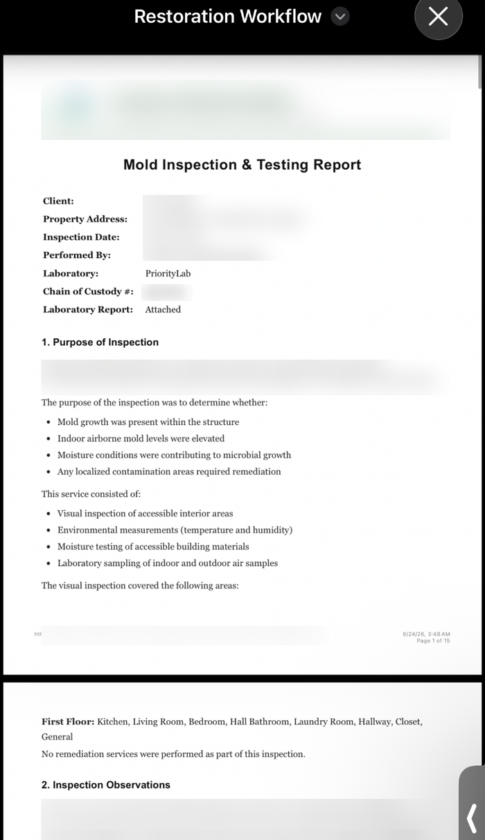 AI-drafted mold inspection report with lab data, photos and findings